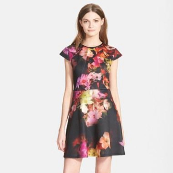Ted Baker Dresses & Skirts - Ted Baker Pink Embla Cascading Floral Skater Dress Ted Size 1 Black Cap Sleeve